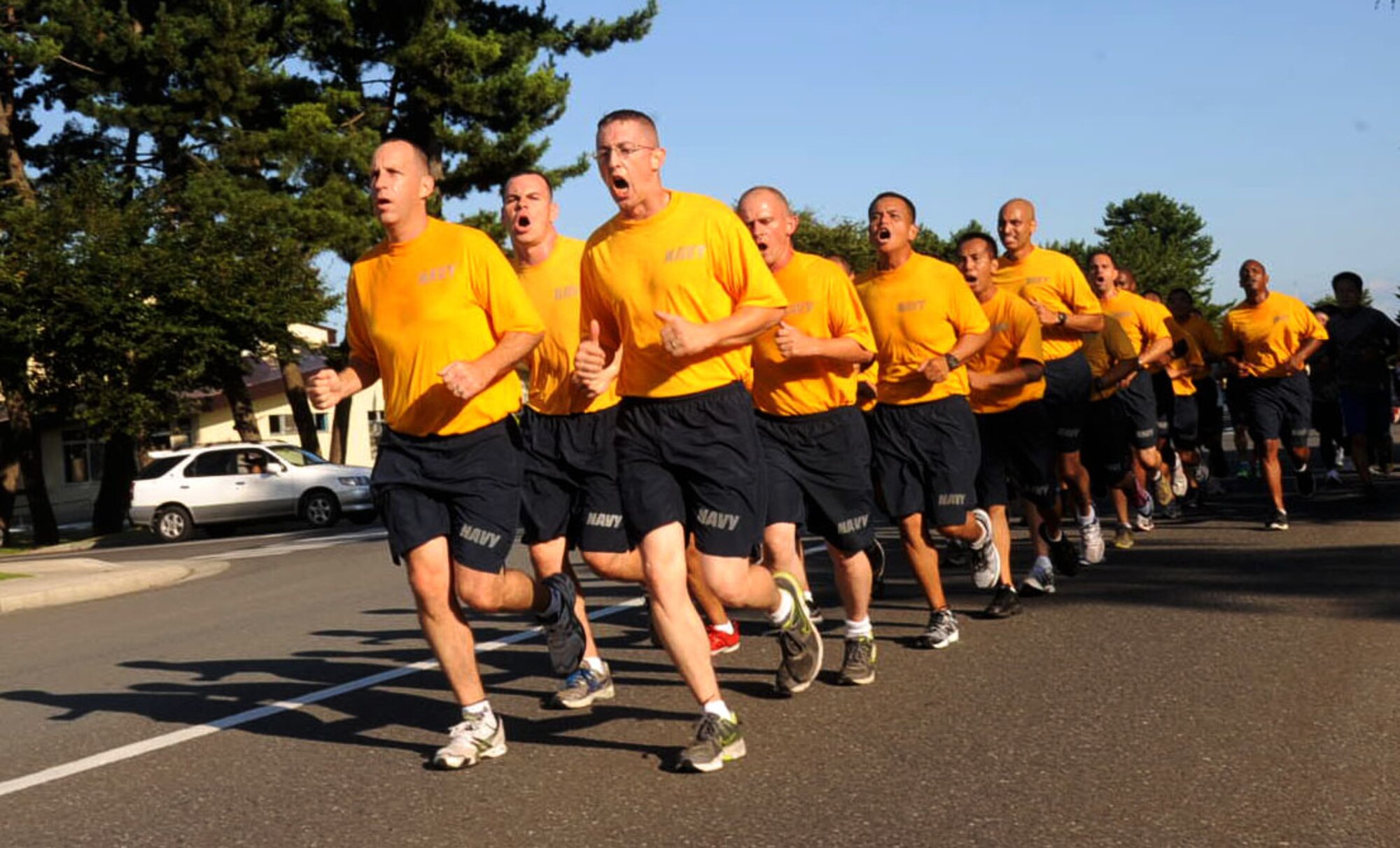 Misawa’s Chief Petty Officer selects run in formation during the readiness run at Misawa Air Base, Japan, Sept. 7, 2012. The readiness run is a two mile, with an optional three mile, route around the main base and is conducted to promote physical fitness. (U.S. Air Force photo by Airman 1st Class Kenna Jackson/Released)