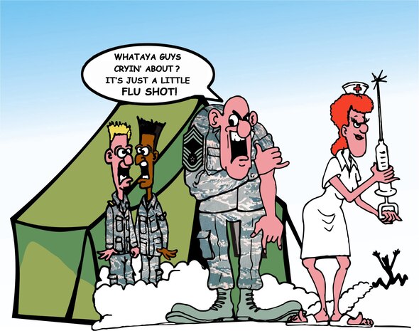 The 78th Medical Group Immunization Clinic in Bldg. 700 has flu vaccines available for active duty members. (Illustration by Harry Paige)