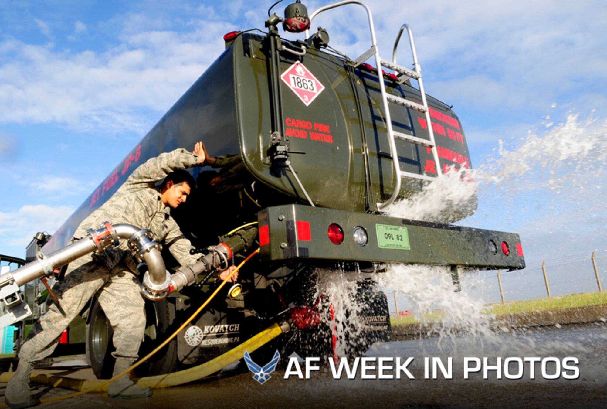 Senior Airman Andrew Leal shuts off the valve of a fuel truck during a major accident response exercise at Royal Air Force Mildenhall, England, on Aug. 30, 2012. The exercise simulated a fuel spill due to a cracked flange connection during a fuel transfer. Leal is a 100th Logistics Readiness Squadron, fuels technician. (U.S. Air Force photo by Senior Airman Ethan Morgan)