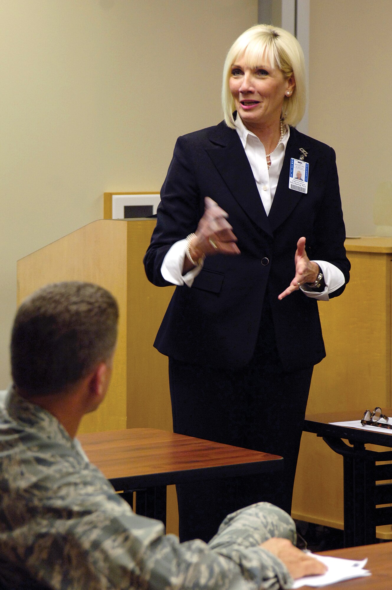Mid-Del Schools Superintendent Dr. Pam Deering outlines new school system programs and answers questions during a Sept. 4 meeting for Tinker families at the Airman and Family Readiness Center. (Air Force photo by Margo Wright)