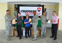 Homestead Air Reserve Base donated more than 1,300 pounds of non-perishable goods during the Feds Feed Families Food Drive on Aug 30. The items were donated to the Chapman Partnership, a local organization helping to combat homelessness in south Florida. Front from left to right: Maj. Daniel Moreno Jr., 482nd Logistics Readiness Squadron, Mr. Tom Pilla, Chapman Partnership Food Service Manager, Ms. Sharon Haxton Volunteer and Community Liaison for Chapman Partnership, Chief Master Sgt. Cameron B. Kirksey, 482nd Fighter Wing Command Chief, Capt. Damien Miller, Homestead Air Reserve Base Food Drive Coordinator, Mr. Chris Fischer, Chapman Partnership Assistant Food Service Manager.  Back: Staff Sgt. Serane Townsen, 482nd Logistics Readiness Squadron and Senior Airman Jacques Fenelon, 482nd Logistics Readiness Squadron. (U.S. Air Force photo/Staff Sgt. Lou Burton)
