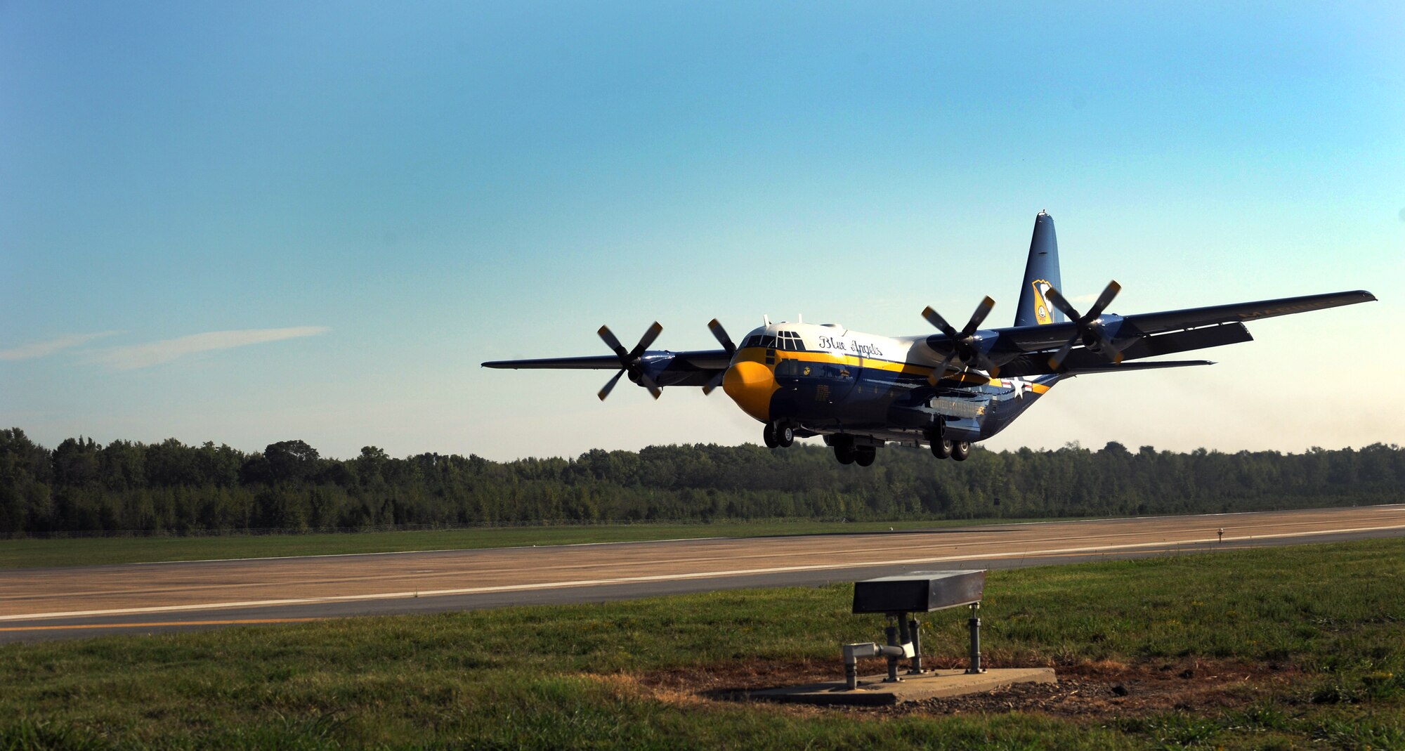 The U.S. Navy Blue Angels C-130T Hercules, also known as "Fat Albert," arrives at Little Rock Air Force Base, Ark., Sept. 6, 2012. Fat Albert will be part of the 2012 Heritage and Heroes Open House and Air Show at Little Rock AFB on September 8-9th. (U.S. Air Force photo by Staff Sgt. Jessica Condit)