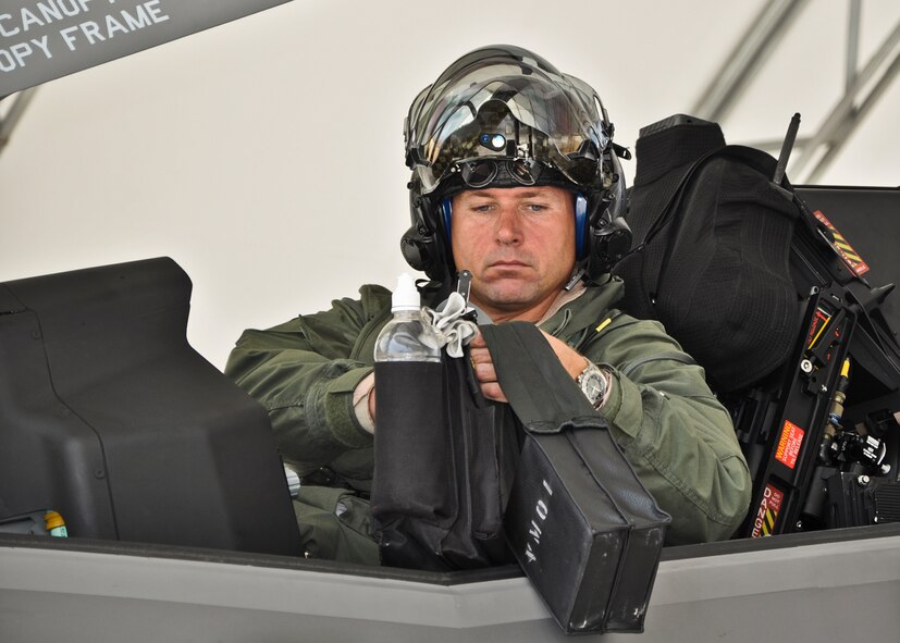 Marine Corps Maj. Tye Bachmann, of the Marine Fighter Attack Squadron 501, completed the 100th sortie of the F-35B variant of the Lightning II Aug. 31 at Eglin Air Force Base, Fla. The flight was a lineup of six aircraft returning to the skies on the first day of flying after Hurricane Isaac. The 100th B variant sortie is another marker that the F-35 team is progressing forward in sortie generations and maintenance training as the aircraft systems continue to mature.  (U.S. Air Force photo/Maj. Karen Roganov)
