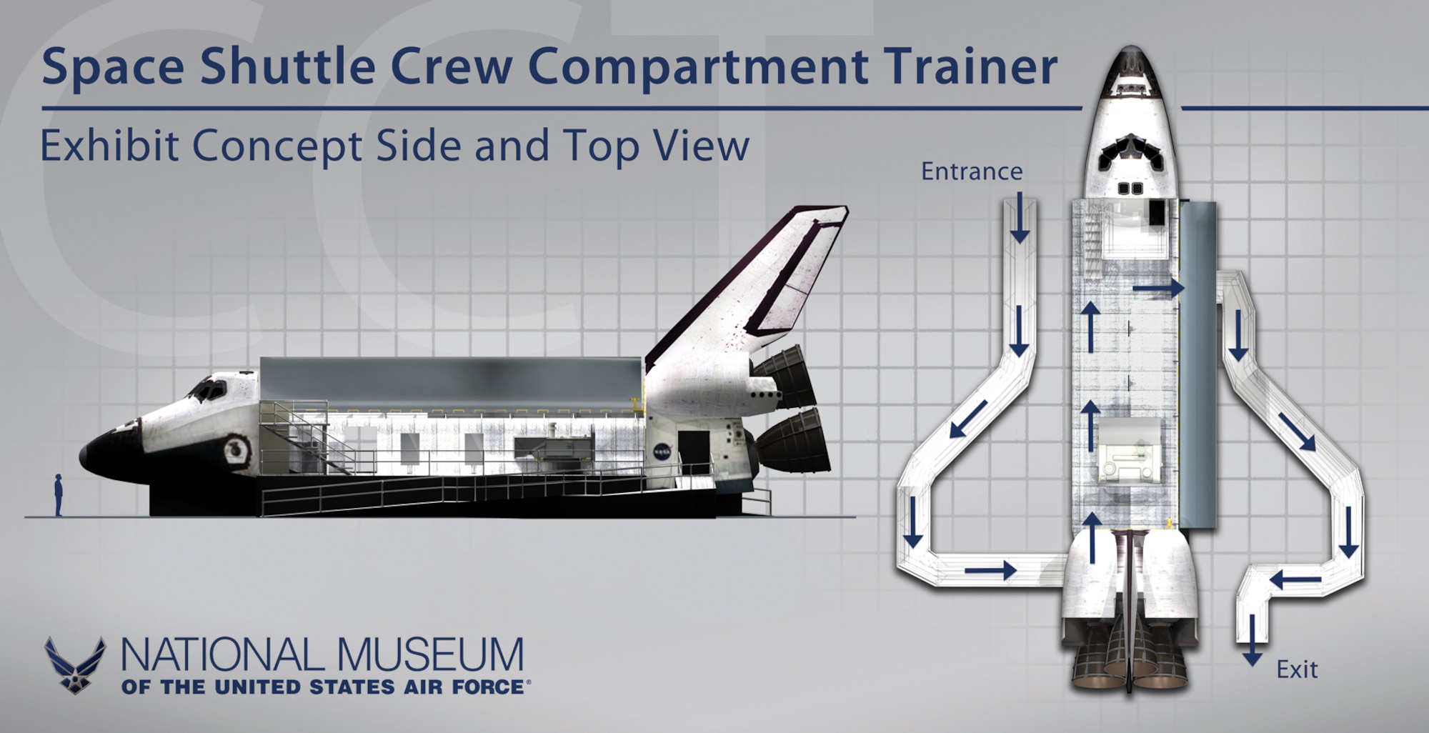 DAYTON, Ohio -- Conceptual drawing of the NASA Space Shuttle Crew Compartment Trainer (CCT) exhibit at the National Museum of the U.S. Air Force. The CCT is a high-fidelity representation of the Space Shuttle Orbiter crew station that was used primarily for on-orbit crew training and engineering evaluations. (September 2012 udpate)