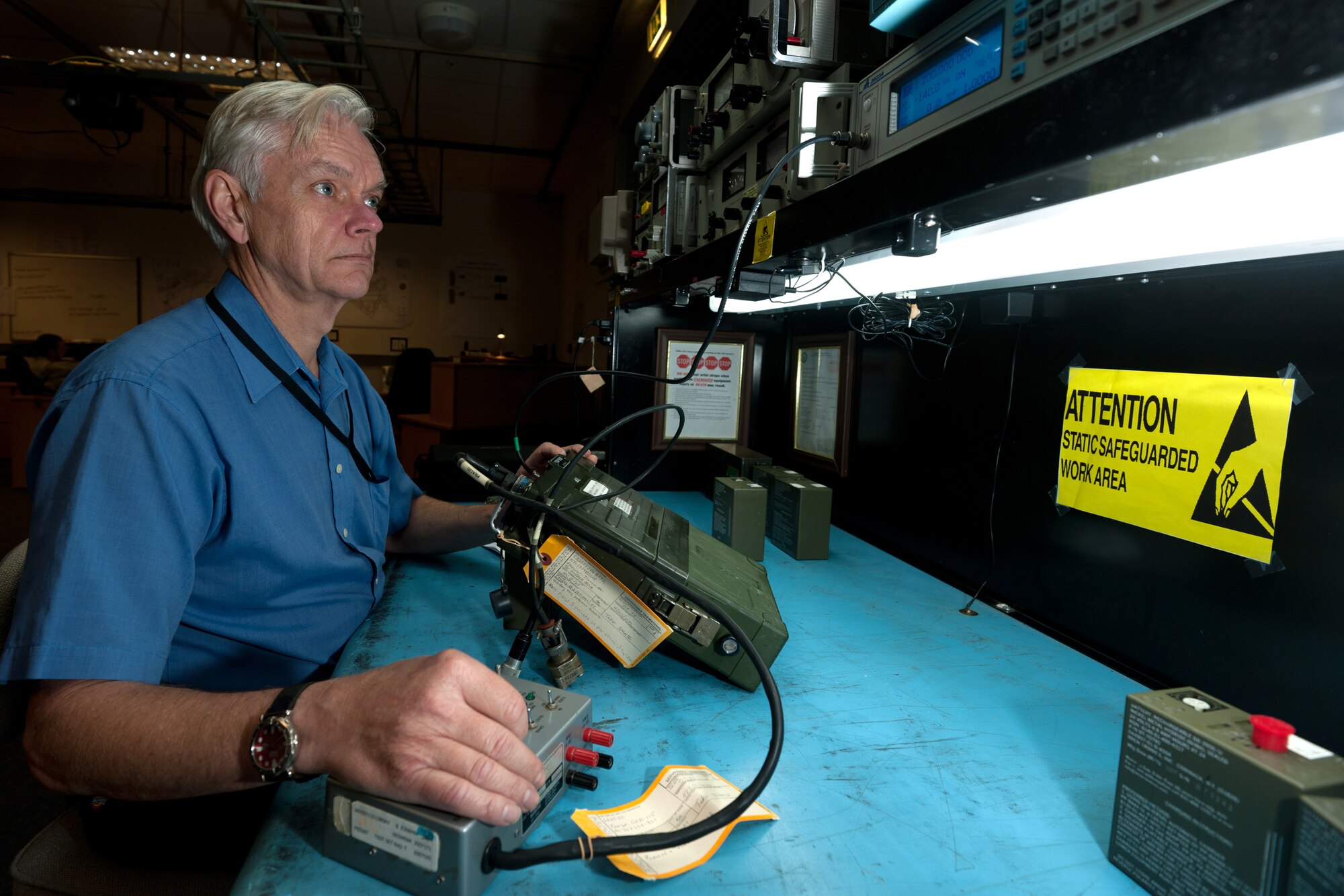 RAF CROUGHTON, United Kingdom – Kenneth Taber, 422nd Communications Squadron electronics technician, checks the transmit power on a UHF transceiver at RAF Croughton Sept. 5. The 422nd CS provides global communications in support of U.S. and NATO objectives worldwide. (U.S. Air Force photo by Master Sgt. John Barton)