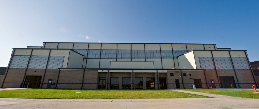 The new 2-Bay Hangar is a 57,000-square-foot facility that provides a two-bay multipurpose hangar to support Dyess’ Global Reach and Global Power missions. The hangar includes fire wall separation between bays and appropriate ventilation systems to accommodate both C-130J and B-1 aircraft. (U.S. Air Force photo by Airman 1st Class Charles V. Rivezzo/Released)