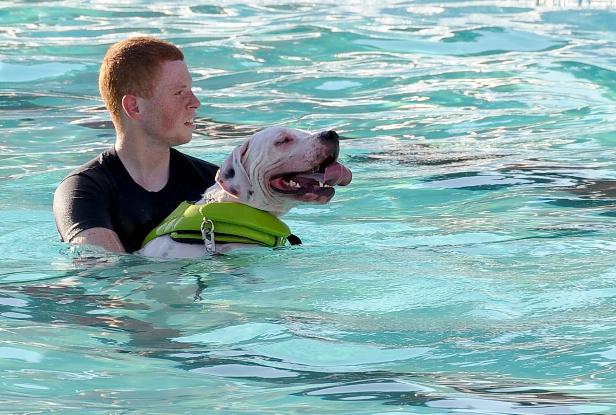 A Team Barksdale member and his dog enjoy the water at the North Pool on Barksdale Air Force Base, La., Sept 4. The North Pool remained open for an additional day for more than 100 dogs and their families to enjoy a swim. Dog-friendly goodie bags were given to each family and raffles were held for leather collars embroidered with the Air Force symbol and grooming gift certificates. (U.S. Air Force photo/Staff Sgt. Amber Ashcraft)(RELEASED)