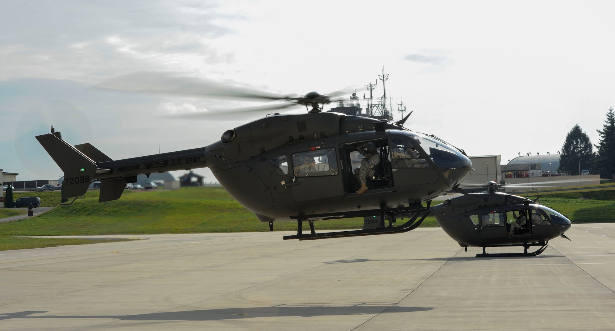 SPANGDAHLEM AIR BASE, Germany -- Joint terminal attack controllers (JTACs) and U.S. Army UH-72 Lacota helicopter pilots, take off from here Sept. 5. The JTACs and helicopter pilots visited with the 81st Fighter Squadron here to exchange close-air-support tactics, techniques and procedures. During their visit, they also flew in an A-10 Thunderbolt II simulator, viewed the inside of an A-10 cockpit and viewed target information sent from ground forces to the A-10 pilots. The 81st FS shares and exchanges operating procedures with joint forces to ensure interoperability in future training exercises and contingency operations.  (U.S. Air Force photo by Senior Airman Natasha Stannard/Released)