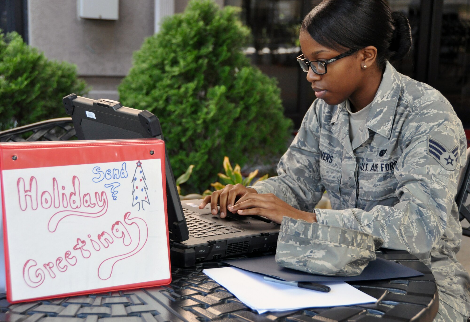 Senior Airman Shiantee Rivers, 51st Force Support Squadron, registers for the Joint Hometown News Service’s holiday greeting program at Osan Air Base, Republic of Korea, Sept. 6, 2012. Service members stationed at Osan had three days to film a greeting that will air in their respective states during the holidays. (U.S. Air Force photo/Senior Airman Michael Battles)