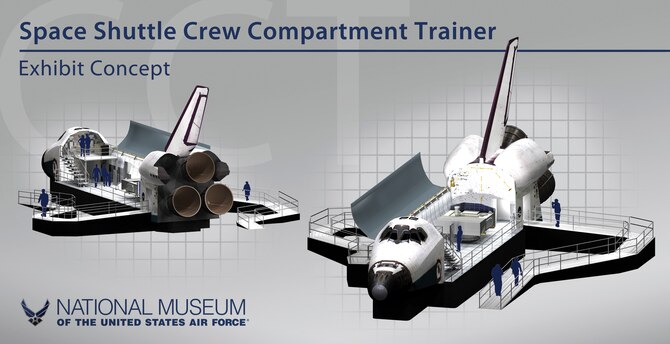 DAYTON, Ohio -- Conceptual drawing of the NASA Space Shuttle Crew Compartment Trainer (CCT) exhibit at the National Museum of the U.S. Air Force. The CCT is a high-fidelity representation of the Space Shuttle Orbiter crew station that was used primarily for on-orbit crew training and engineering evaluations. (September 2012 udpate)
