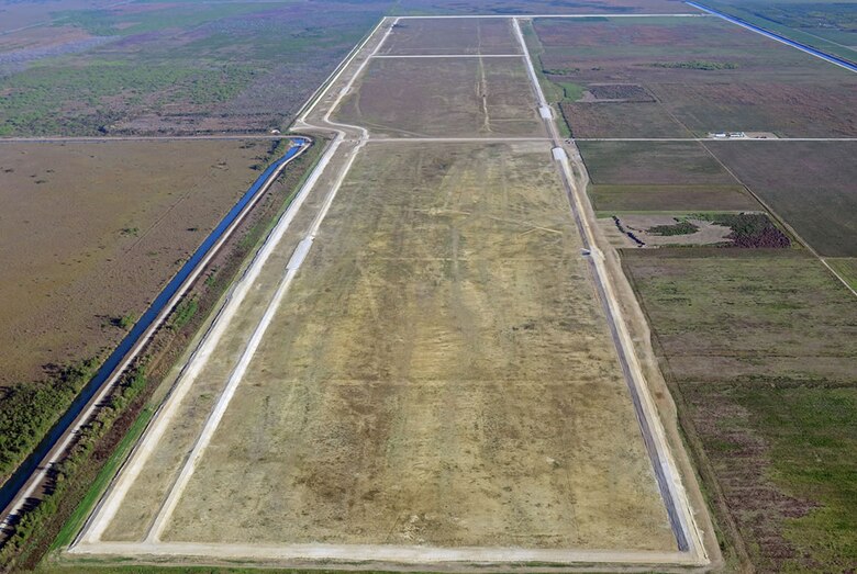 A 590-acre Frog Pond Detention Area, a component of the C-111 Spreader Canal Weastern Project, has three cells and three emergency spillways that are used to retain water in Everglades National Park by decreasing seepage to the east into the C-111 Canal. 
Photo Credit: South Florida Water Management District