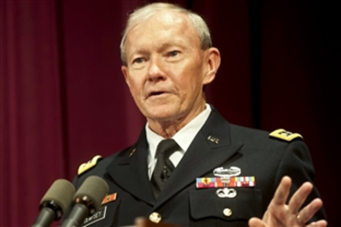 Army Gen. Martin E. Dempsey, chairman of the Joint Chiefs of Staff, speaks during a ceremony to rename the Industrial College of Armed Forces to The Dwight D. Eisenhower School for National Security and Resource Strategy at National Defense University on Fort McNair in Washington, D.C., Sept. 6, 2012.