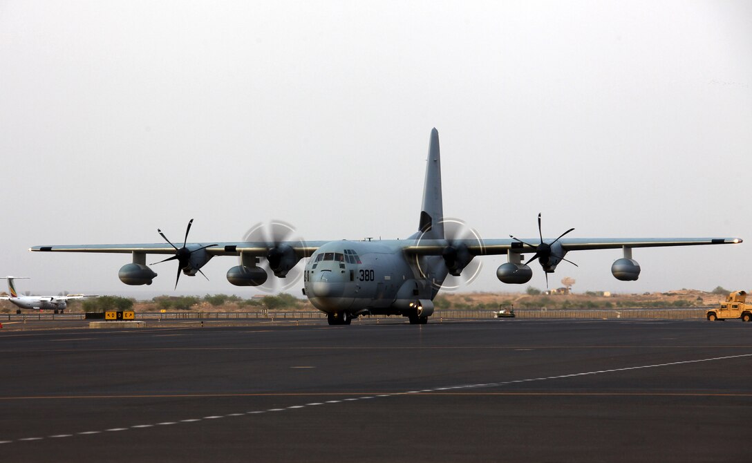 A KC-130J Super Hercules with Marine Medium Tiltrotor Squadron 261 (Reinforced), 24th Marine Expeditionary Unit, drives toward a parking location after landing aboard Camp Lemonnier, Djibouti, Aug. 23, 2012. The KC-130J is an attachment from Marine Aerial Refueler Transport Squadron 252 out of Marine Corps Air Station Cherry Point, N.C., and is deployed to support aerial refueling and transport requirements for the 24th MEU. The 24th MEU is currently deployed with the Iwo Jima Amphibious Ready Group as a theater reserve and crisis response force for U.S. Central Command in the U.S. 5th Fleet area of responsibility.