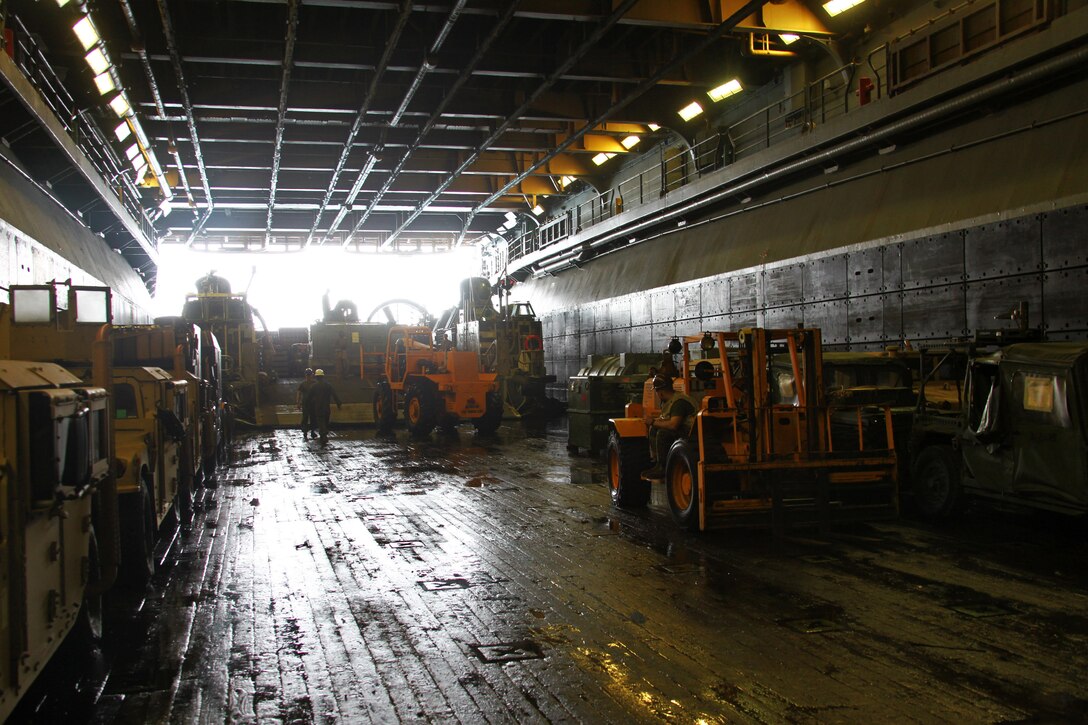 Marines with the 24th Marine Expeditionary Unit, attached to the USS Iwo Jima combat cargo section, offload cargo from a landing craft air-cushion hovercraft in the well deck of the ship, Aug. 24, 2012. A contingent of the 24th MEU is currently ashore in Djibouti conducting various unilateral, bilateral and joint exercises. The 24th MEU is deployed with the Iwo Jima Amphibious Ready Group as a theater reserve and crisis response force for U.S. Central Command in the U.S. 5th Fleet area of responsibility.