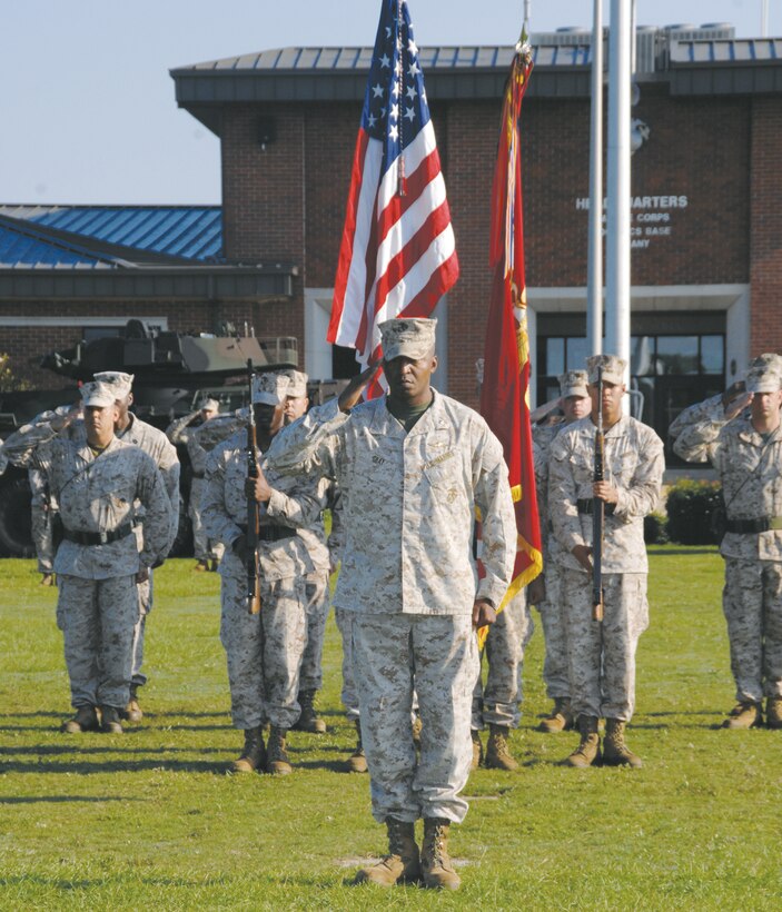 Lt. Col. Donald Gray, deputy director, Maintenance Management Center, Marine Corps Logistics Command, retires during a ceremony at Schmid Field here, Aug. 24. 
