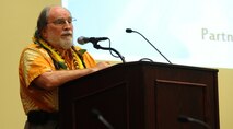 Gov. Neil Abercrombie speaks to an audience during the 11th Anniversary of the Joint Venture Education Forum Annual Meeting, held at the Ford Island Conference Center, Ford Island, Hawaii, Aug. 30, 2012. The JVEF mission is to provide continuous coordination through partnerships and open dialogue, in order to promote an understanding of and implement initiatives to address the needs of military children and families and to facilitate support for Hawaii's public school students. (U.S. Air Force photo/Tech. Sgt. Jerome S. Tayborn)