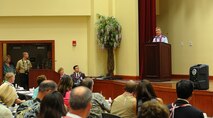 Gen. Herbert J. “Hawk” Carlisle, Pacific Air Forces commander, at the 11th Joint Venture Education Forum Annual Meeting, introduced the event’s keynote speaker, Governor Neil Abercrombie at the Ford Island Conference Center, Ford Island, Hawaii, Aug. 30, 2012. The JVEF mission is to provide continuous coordination through partnerships and open dialogue, in order to promote an understanding of and implement initiatives to address the needs of military children and families and to facilitate support for Hawaii's public school students. (U.S. Air Force photo/Tech. Sgt. Jerome S. Tayborn)