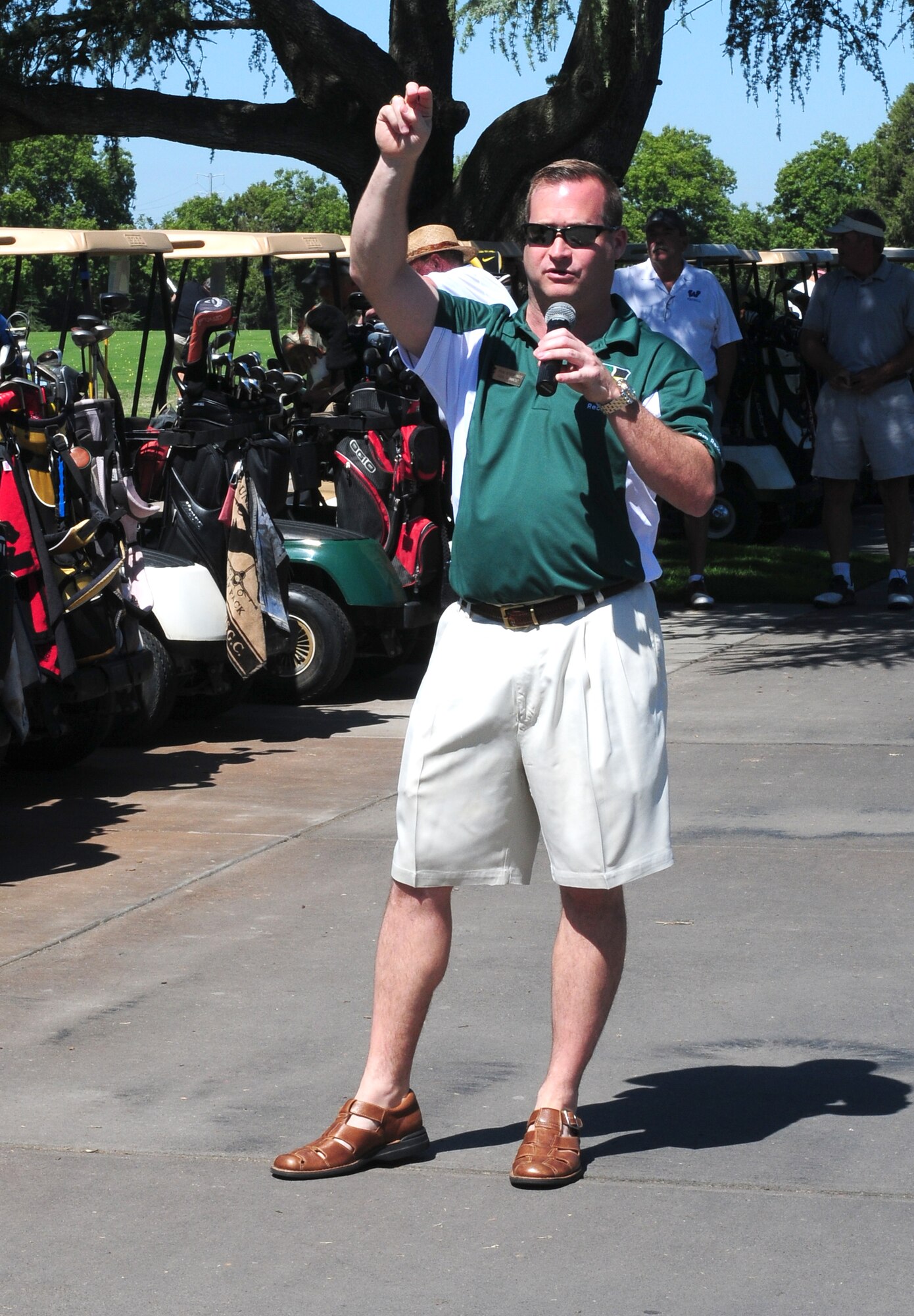 Col. Phil Stewart, 9th Reconnaissance Wing commander speaks during opening ceremonies of the Beale Liaison Group golf tournament at Peach Tree Golf Club Marysville, Calif., September 7, 2012. This was the 4th annual BLG golf tournament which helps raise money for many base agencies. . (U.S. Air Force photo by Senior Airman Allen Pollard)