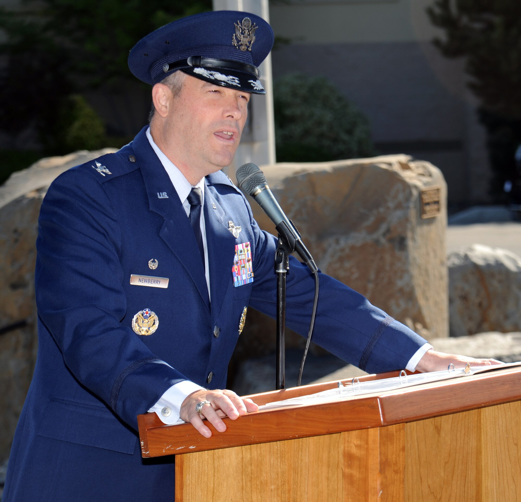 Col. Brian Newberry, 92nd Air Refueling Wing commander, addresses a crowd of nearly 100 Eastern Washington residents during the opening ceremonies for the 61st Annual Spokane County Interstate Fair in Spokane, Wash., Sept. 7, 2012. The colonel talked about the importance of U.S. servicemembers both down range and at home station and thanked everyone for their support of Fairchild’s Airmen. (U.S. Air Force photo by Senior Airman Benjamin Stratton)