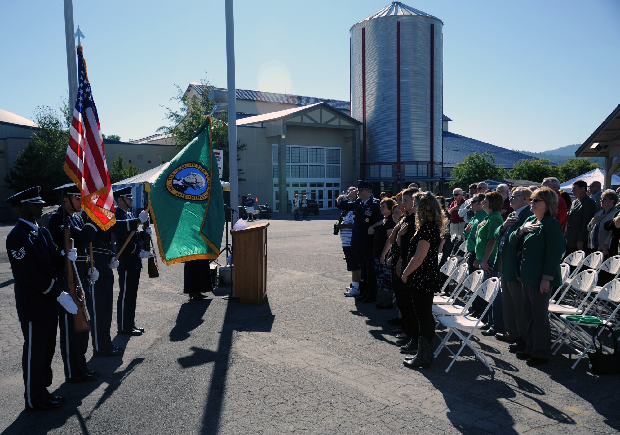 The Fairchild Honor Guard performs colors during the opening ceremonies for the 61st Annual Spokane County Interstate Fair in Spokane, Wash., Sept. 7, 2012. Last year’s fair attracted more than 189,000 visitors and is expected to meet or exceed that this year. (U.S. Air Force photo by Senior Airman Benjamin Stratton)