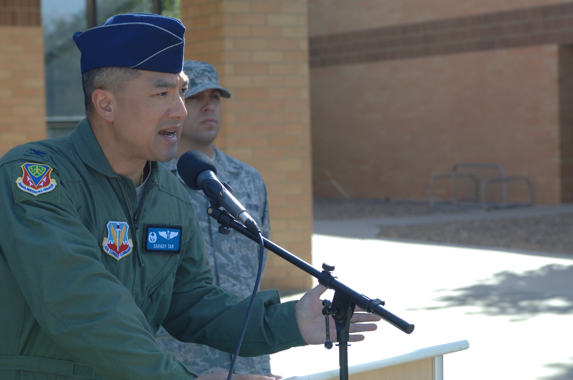 U.S. Air Force Col. Sarady Tan, 366th Medical Group commander, addresses his troops after an excellent performance during an Air Force-wide Health Services Inspection, Sep. 4, 2012, at Mountain Home Air Force Base, Idaho. One of the primary objectives of the inspection was to assess the ability of the Air Force medical units to fulfill their peacetime and wartime missions, including the provision of medical care and support of the wing’s mission. (U.S. Air Force photo/Airman 1st Class Shane M. Phipps)

