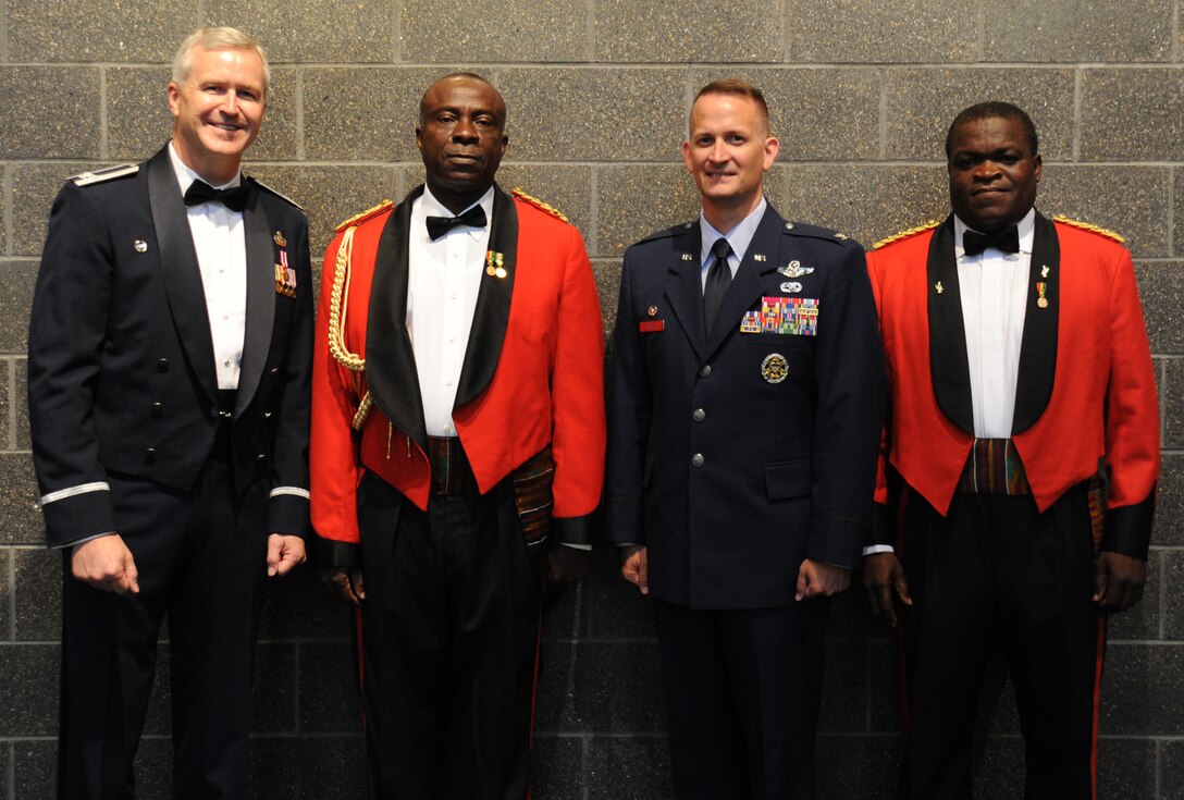 Col. Larry H. Lang, U.S. Air Force Band commander and conductor; Brig. Gen. George Amamoo, Defense Attaché of the Republic of Ghana; Col. William Knight, 11th Wing/Joint Base Andrews commander; and Col. Sampson Ebonyi, director of music and bands of the Ghana Armed Forces, gather before The U.S. Air Force Concert Band and Singing Sergeants
concert at the Bowie Center for the Performing Arts on Aug. 29, 2012, in Bowie, Md. (U.S. Air Force photo/Staff Sgt. Torey Griffith)
