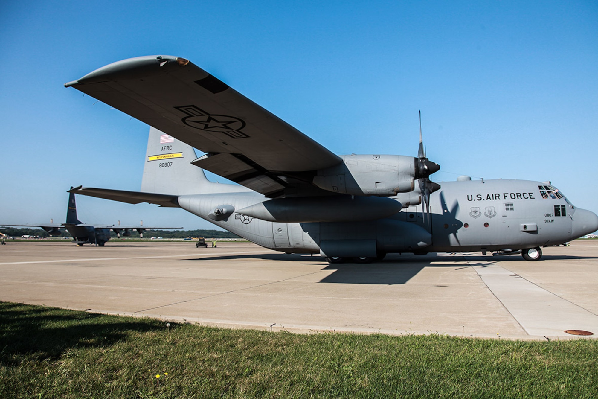 Another 911th Airlift Wing C-130 Hercules departs the base from the Pittsburgh International Airport flightline, Sep. 6, 2012. This aircraft is one of seven assigned C-130’s to the Reserve Base which are used for the transporting and airdropping of equipment and troops into numerous environments, fulfilling a wide range of operational assignments in times of peace and conflict. (U.S. Air Force photo by Tech. Sgt. Ralph Van Houtem/Released)