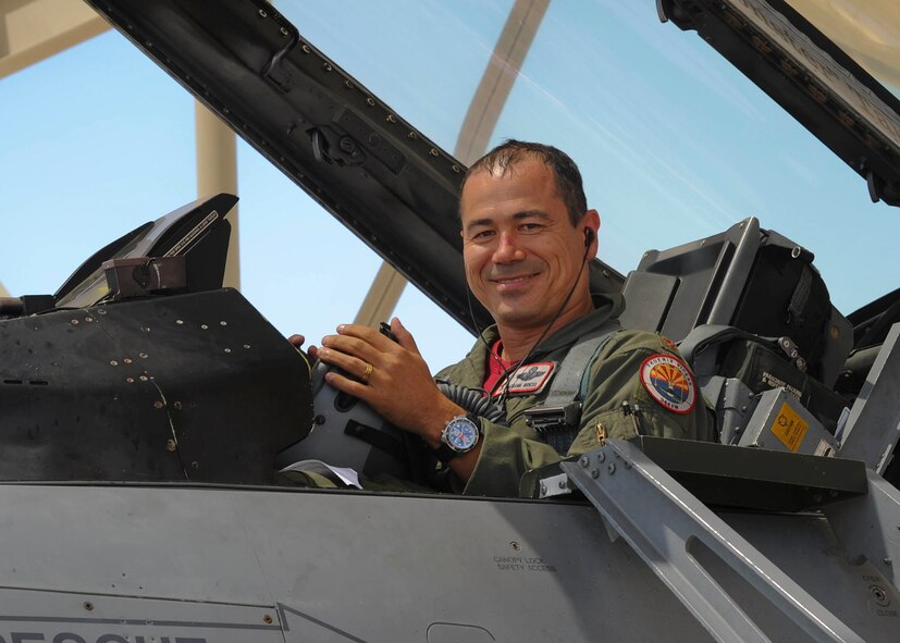 Maj. Frank Bricel, 69th Fighter Squadron assistant director of operations, prepares to exit his aircraft Aug. 31 after crossing his 3,000 flying hour mark in an F-16 Fighting Falcon at Luke Air Force Base. Bricel has been flying for 18 years. (U.S. Air Force photo by Staff Sgt. Darlene Seltmann)