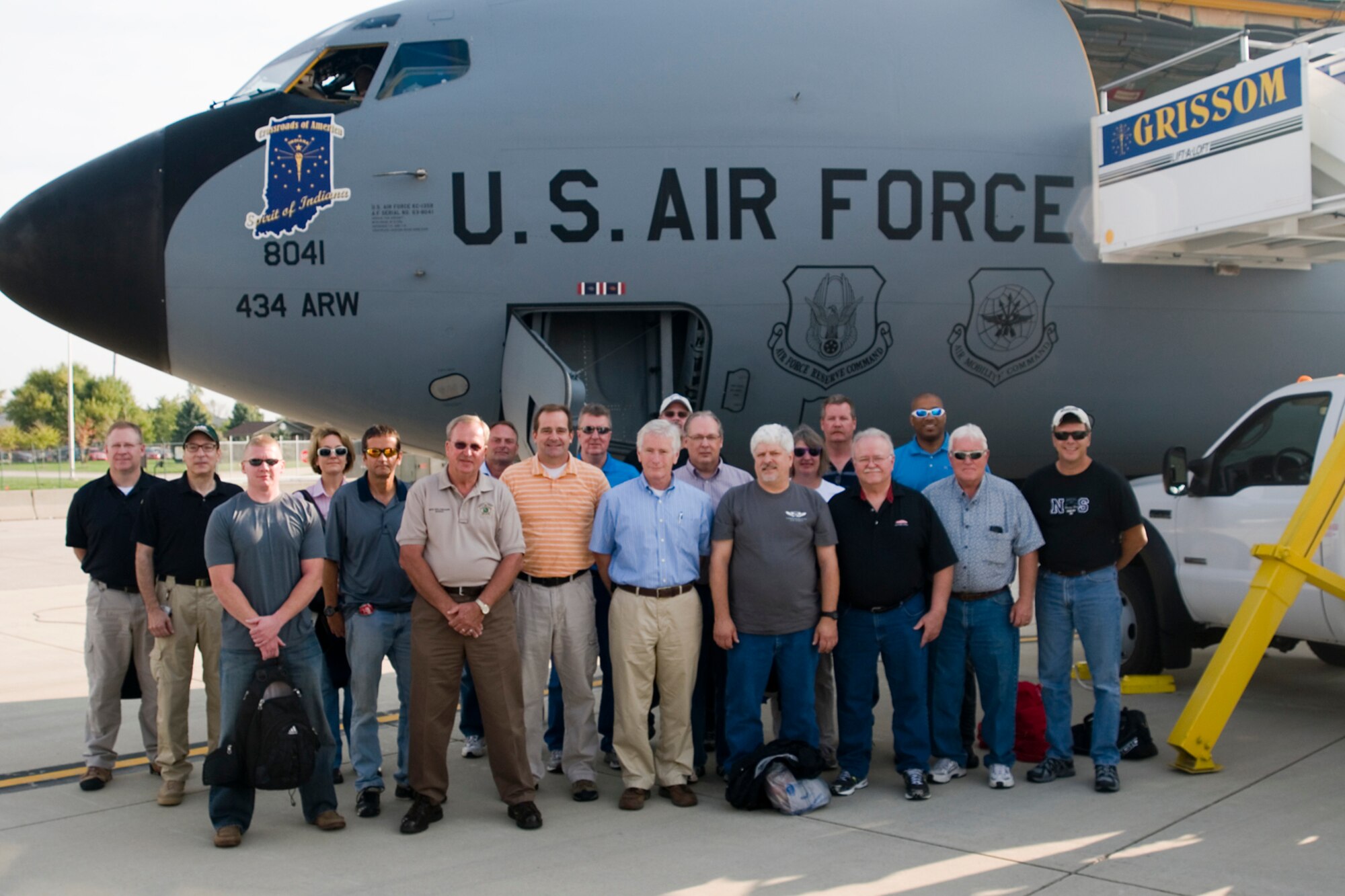 GRISSOM AIR RESERVE BASE, Ind. -- Employers of Grissom Airmen pose for a group photo before their flight aboard a KC-135R Stratotanker here Sept. 5. The purpose of the flight was to give the employers a better understanding of the mission of the 434th Air Refueling Wing and to show appreciation for their support. (U.S. Air Force photo/Senior Airman Andrew McLaughlin) 
