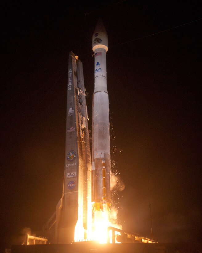 A United Launch Alliance Atlas V rocket blasts off from Space Launch Complex 41 at Cape Canaveral Air Force Station at 4:05 a.m. EDT Aug. 30 with NASA’s twin Radiation Belt Storm Probes mission. (Photo by Pat Corkery, ULA)