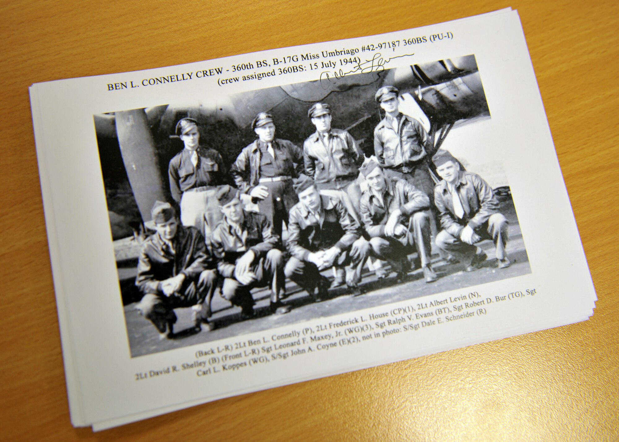 RAF MOLESWORTH, United Kingdom - Then 2nd Lt. Albert Levin, (second from right,) back row in a crew photo from 1944 in front of the B-17 Flying Fortress "Ms. Umbiago." at RAF Molesworth, United Kingdom, - the wartime home of the 303rd Bomb Group (Heavy). (U.S. Air Force photo by Staff Sgt. Javier Cruz)