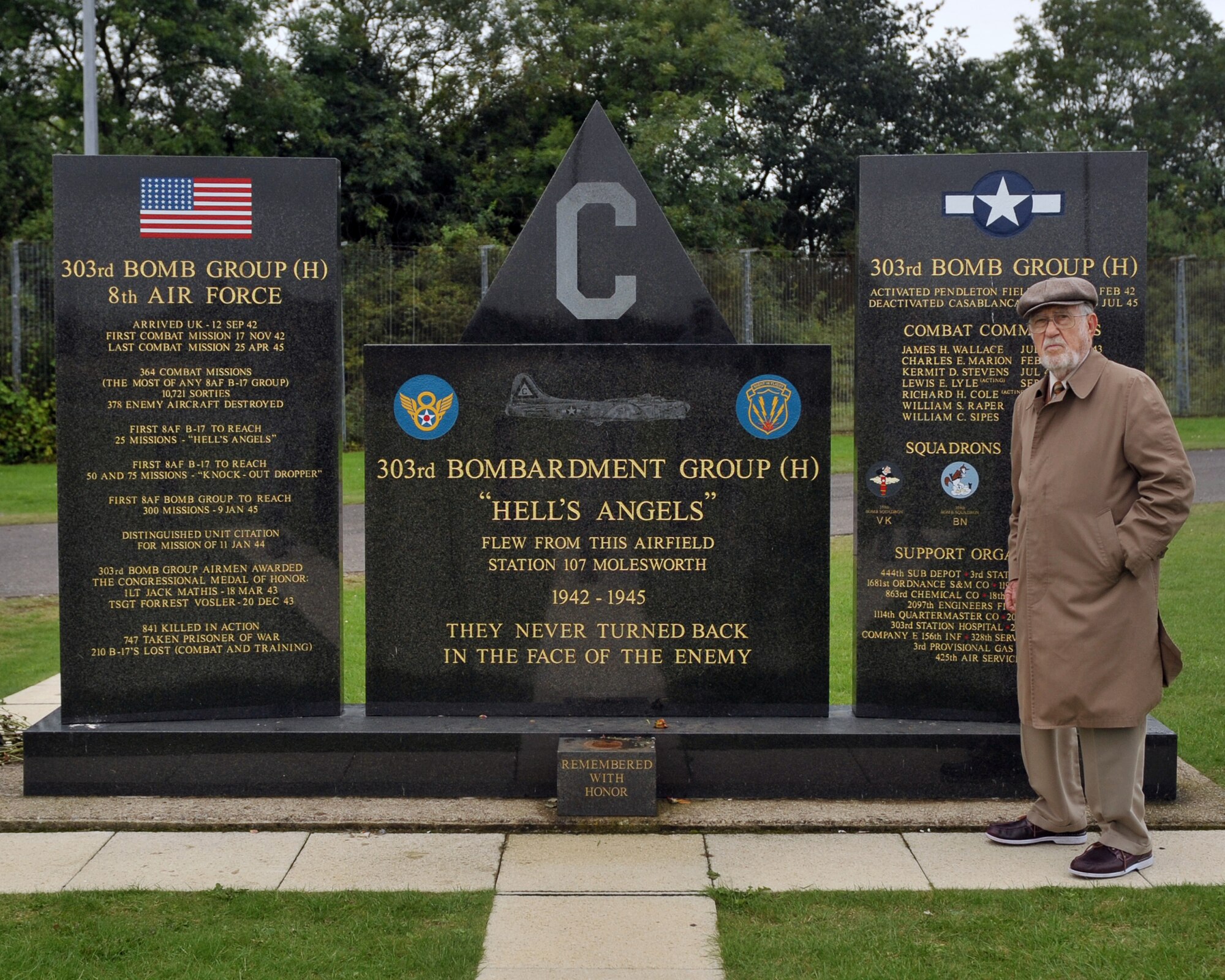 RAF MOLESWORTH, United Kingdom - Lt. Col. Albert Levin returned to RAF Molesworth, United Kingdom, after 68 years. Then 2nd Lt. Levin flew 35 missions as a B-17 "Flying Fortress" navigator over Nazi occupied Germany from RAF Molesworth from 1944 - 1945. (U.S. Air Force photo by Staff Sgt. Javier Cruz)