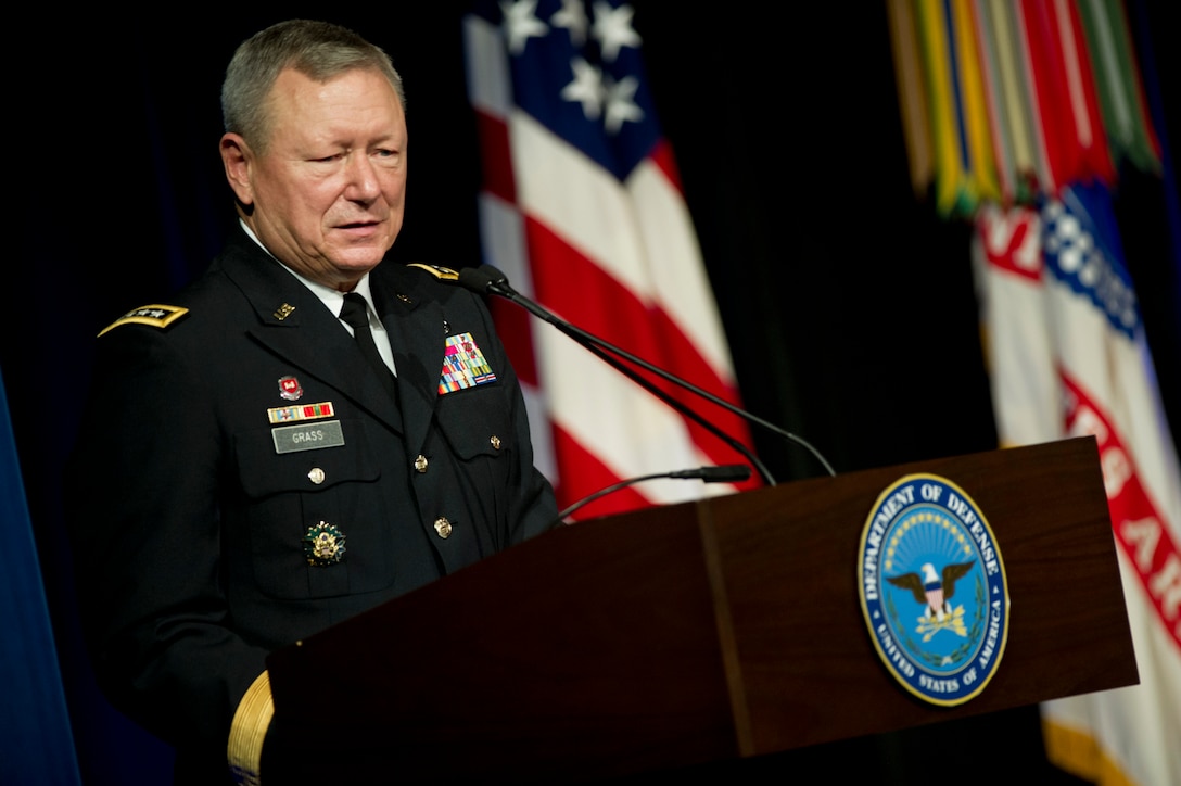 Army Lt. Gen. Frank J. Grass, incoming National Guard Bureau chief, delivers remarks at the change-of-responsibility ceremony for chief at the Pentagon, Sept. 7, 2012. Grass, who replaced Air Force Gen. Craig R. McKinley, received his fourth star during the event.