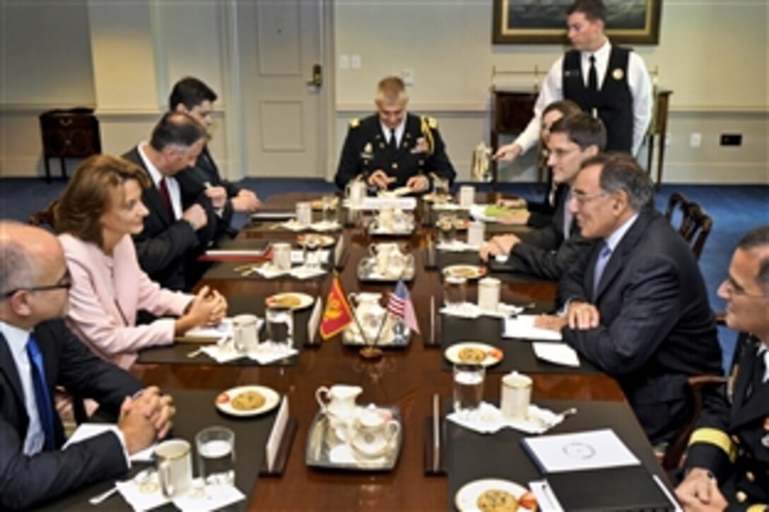 U.S. Defense Secretary Leon E. Panetta meets with Montenegrin Defense Minister Milica Pejanovic-Djurisic at the Pentagon, Sept. 7, 2012. The two defense leaders discussed a number of issues including the current transition in Afghanistan and regional relations in Southeast Europe.