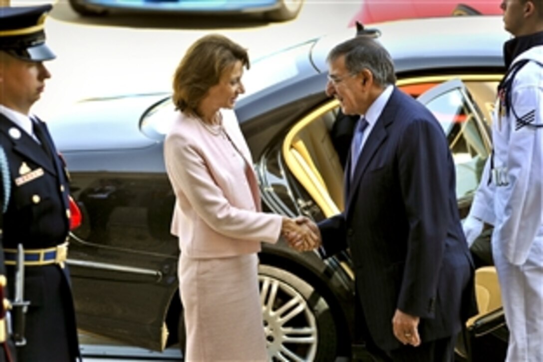 U.S. Defense Secretary Leon E. Panetta welcomes Montenegrin Defense Minister Milica Pejanovic-Djurisic as she arrives at the Pentagon, Sept. 7, 2012. The two defense leaders met to discuss a number of issues including the current transition in Afghanistan and regional relations in Southeast Europe.
