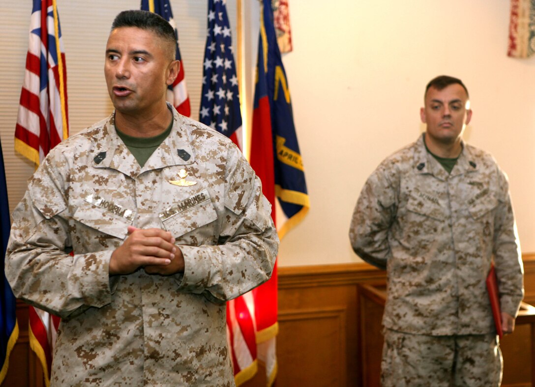 Sgt. Maj. Ernest K. Hoopii, sergeant major of Marine Corps Installations East – Marine Corps Base Camp Lejeune, speaks at his Bronze Star ceremony on the quarterdeck of Building 1 aboard Marine Corps Base Camp Lejeune Aug. 31. Hoopii deployed in support of Operation Enduring Freedom from Feb. 18 2011 to Feb. 29 2012.
