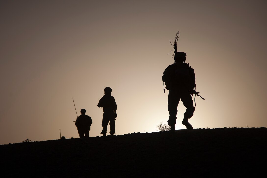 U.S. Marines with 3rd Squad, 3rd Platoon, Bravo Company, 1st Battalion, 7th Marine Regiment, Regimental Combat Team 6, conduct a security patrol out of Forward Operating Base Shamsher, Helmand province, Afghanistan Aug. 23, 2012. Marines conducted a partnered patrol to disrupt the flow of lethal and illicit aid in the area.