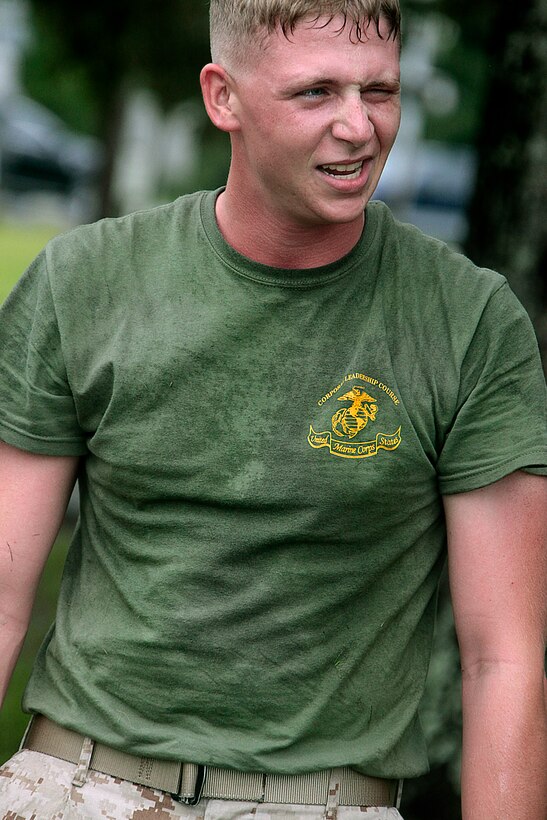 Cpl. Christopher W. Hulsey, a student with Cherry Point Corporals Leadership Course Class 274-12, takes a quick break during a physical fitness session at the Cherry Point PFT trail Aug. 29. The last week of the course focused on practical application and combat leadership. During the last week, the corporals drew fire sketch plans, conducted land navigation exercises and wrote a five-paragraph order.