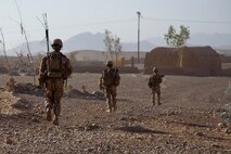 U.S. Marines with 3rd Squad, 3rd Platoon, Bravo Company, 1st Battalion, 7th Marine Regiment, Regimental Combat Team 6, conduct a patrol out of Forward Operating Base Shamsher, Helmand province, Afghanistan Sept. 1, 2012. Marines conducted the patrol to disrupt the flow of aid to the enemy.