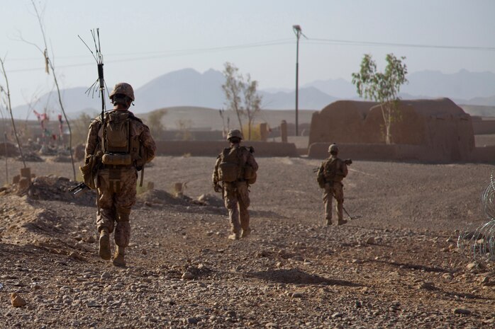 U.S. Marines with 3rd Squad, 3rd Platoon, Bravo Company, 1st Battalion, 7th Marine Regiment, Regimental Combat Team 6, conduct a patrol out of Forward Operating Base Shamsher, Helmand province, Afghanistan Sept. 1, 2012. Marines conducted the patrol to disrupt the flow of aid to the enemy.