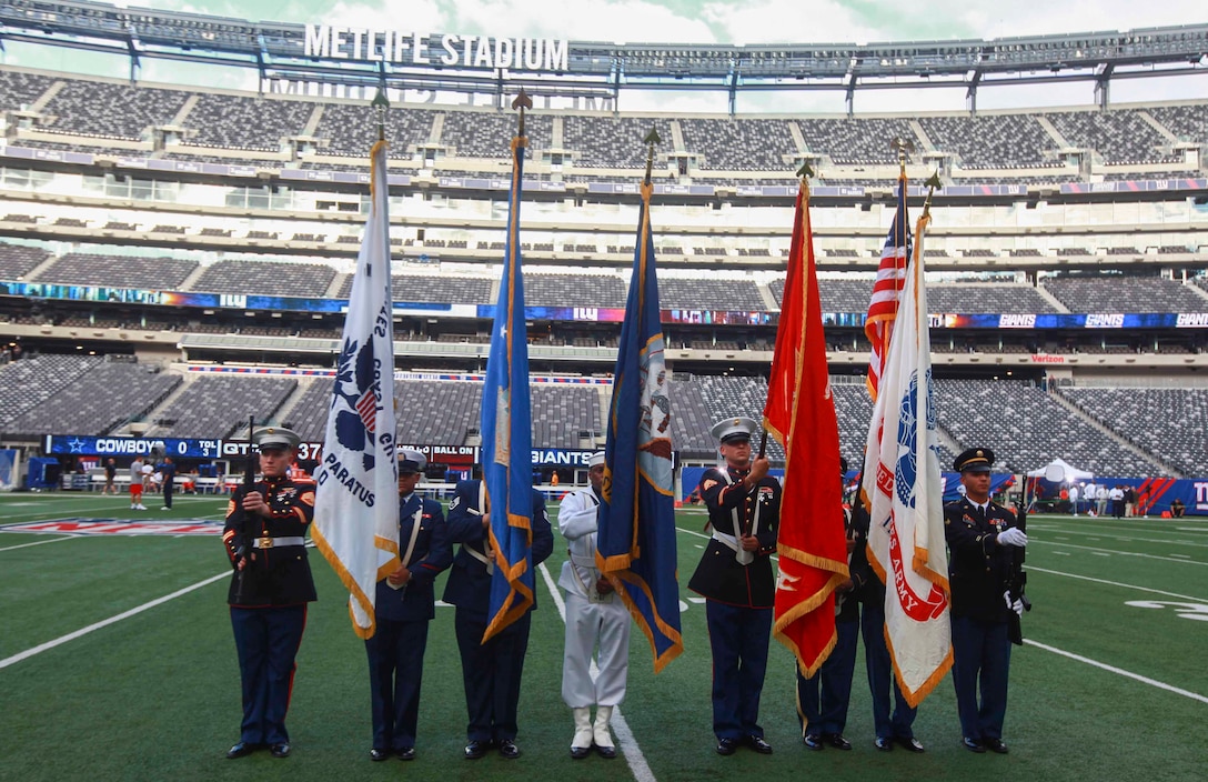 EAST RUTHERFORD, N.J. – A color guard conducts a practice before the pre-game ceremony for the New York Giants vs. Dallas Cowboys game at MetLife Stadium, Sept. 5.  More than 60 service members presented the large flag as Queen Latifah sang the national anthem.  (U.S. Marine Corps photo by Cpl. Caleb T. Gomez).