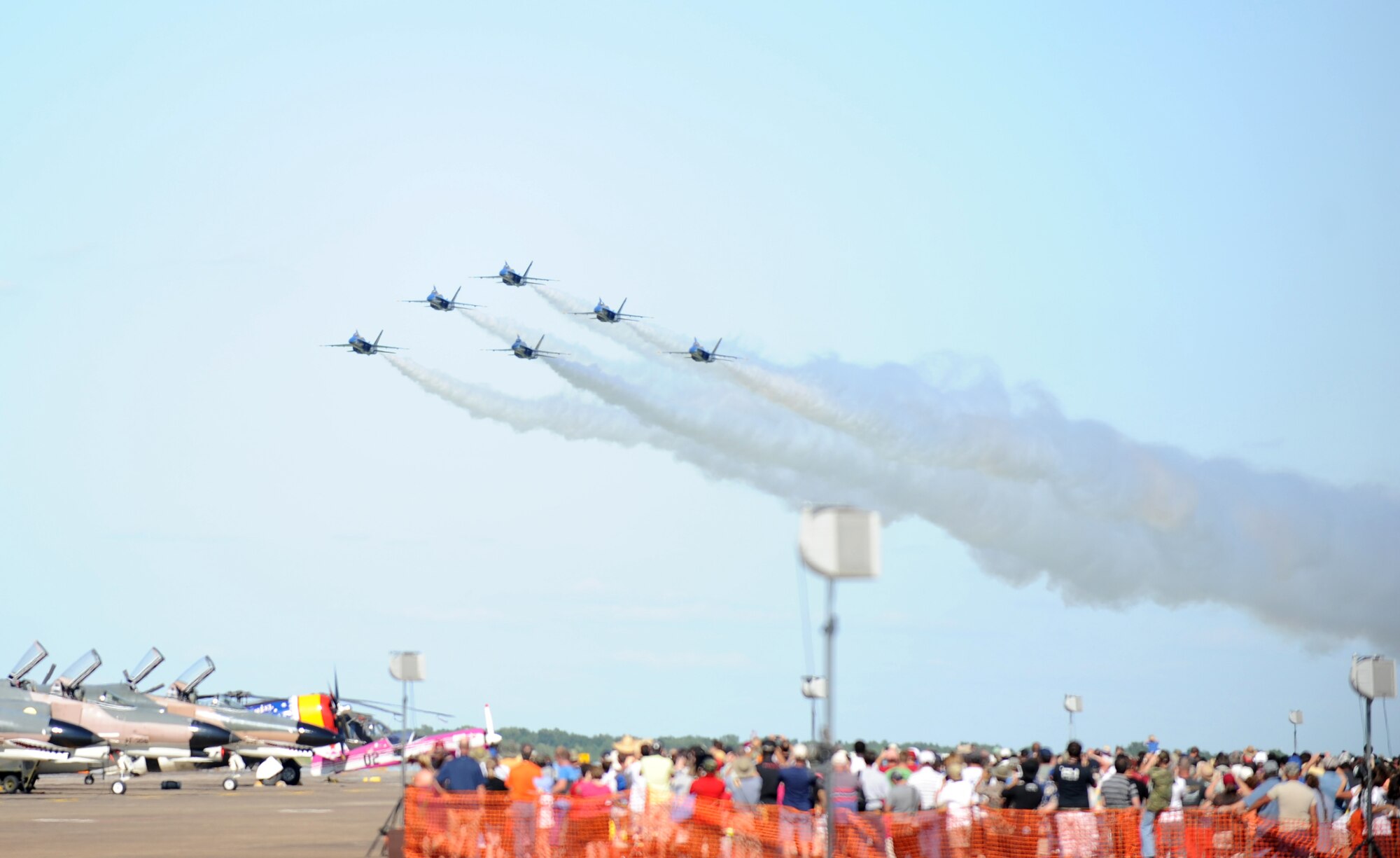 The U.S. Navy Blue Angels fly over the crowd during the 2012 Heritage and Heroes Open House and Air Show Sept. 8, 2012, at Little Rock Air Force Base, Ark. The Blue Angels were one of the performers at the Air Show. (U.S. Air Force photo by Staff Sgt. Caleb Pierce) 
