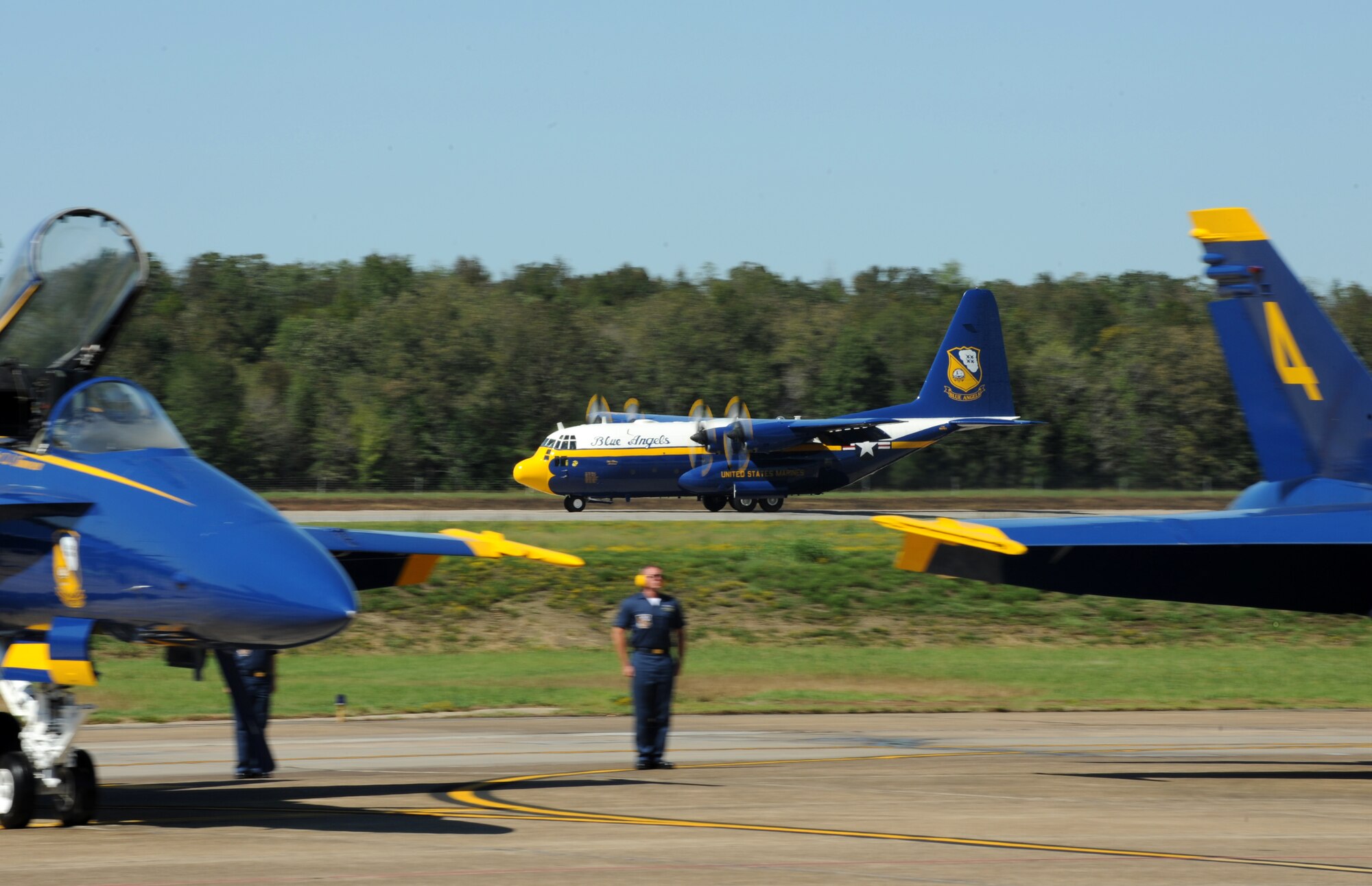The U.S. Navy Blue Angels C-130T Hercules, also known as "Fat Albert," lands after performing during the 2012 Heritage and Heroes Open House and Air Show Sept. 8, 2012, Little Rock Air Force Base, Ark. The Fat Albert aircrew consists of three officers and five enlisted personnel, all members of the U.S. Marine Corps. (U.S. Air Force photo by Staff Sgt. Caleb Pierce)