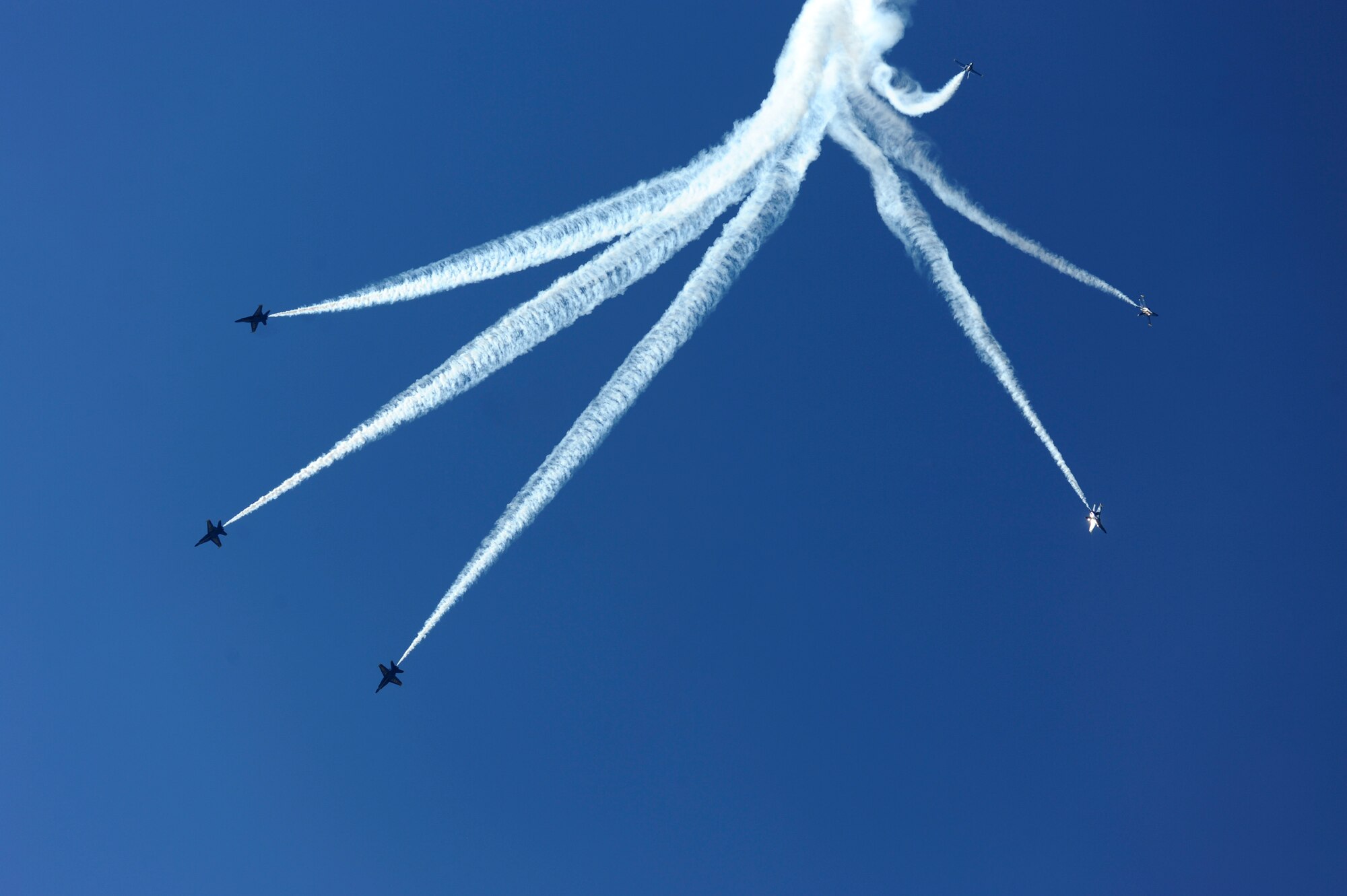 The U.S. Navy Blue Angels perform during the 2012 Heritage and Heroes Open House and Air Show Sept. 8, 2012, at Little Rock Air Force Base, Ark. The Blue Angels were one of the performers at the air show. (U.S. Air Force photo by Airman 1st Class Rusty Frank)