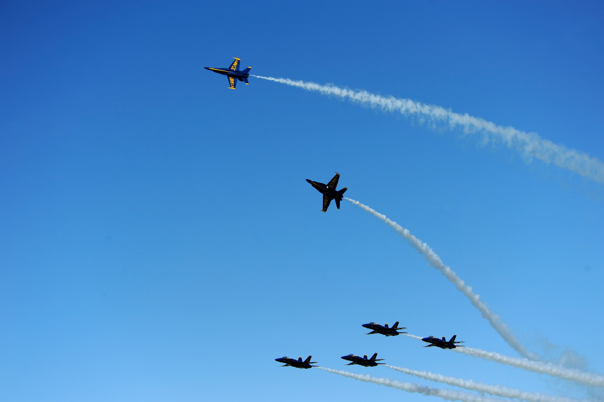 The U.S. Navy Blue Angels perform during the 2012 Heritage and Heroes Open House and Air Show Sept. 8, 2012, at Little Rock Air Force Base, Ark. The Blue Angels were one of the performers at the air show. (U.S. Air Force photo by Airman 1st Class Rusty Frank)
