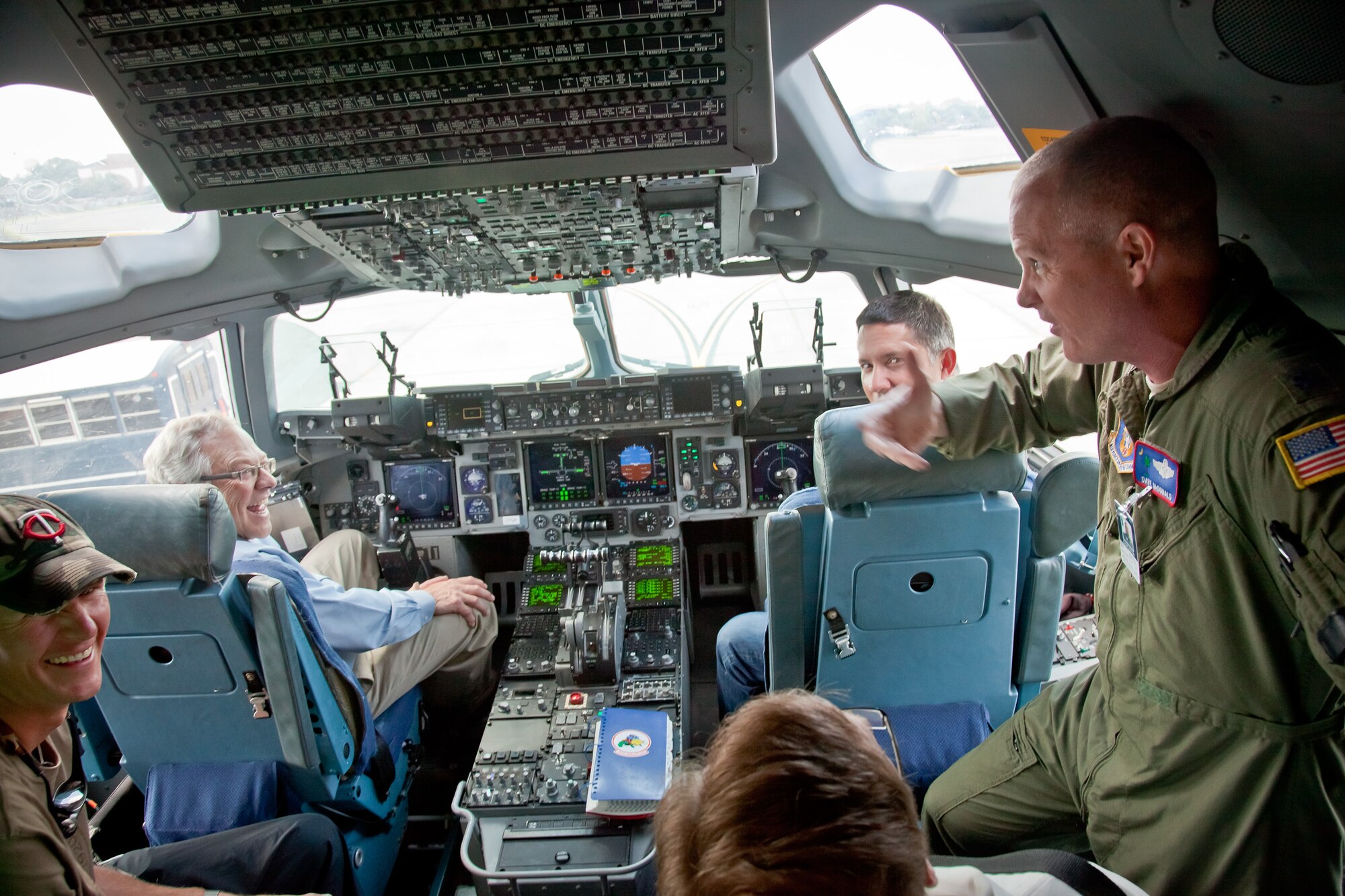 Lt. Col. Dave McDonald tells stories about flying in a C-17 to members of the 2012 Civic Leader tour. Communities leaders from the Minneapolis area and the 934th Airlift Wing traveled to the Joint Base Charleston, SC, for the two day tour hosted by the 315th Airlift Wing.  (U.S. Air Force Photo/Shannon McKay)