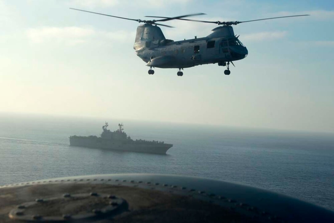 A CH-46E Sea Knight helicopter from Marine Medium Helicopter Squadron 364, 15th Marine Expeditionary Unit prepares for a landing on the USS Peleliu after completing a non-combatant evacuation operation exercise off the coast of southern California, Aug. 20. The 15th MEU was conducting the training as part of Certification Exercise, their final pre-deployment training. CERTEX is different than previous exercises because Marines and Sailors do not know the training scenario in advance. They have to react quickly using the Marine Corpsâ€™ Rapid Response Planning Process, which is the process leaders use to prepare for missions the unit will execute.