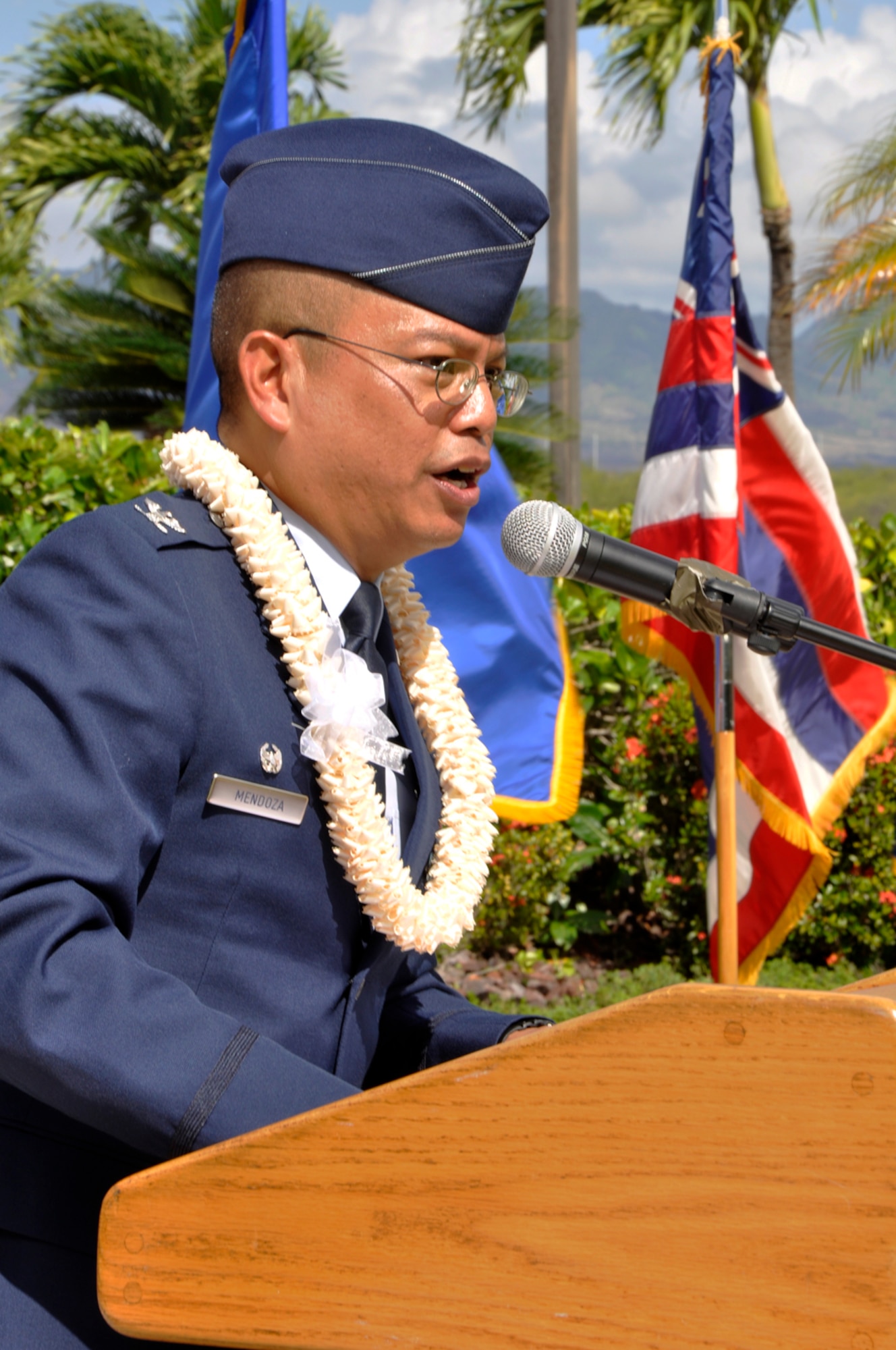 JOINT BASE PEARL HARBOR-HICKAM, Hawaii -- Col. Maynard “Max” Mendoza gives his remarks after assuming command of the 624th Regional Support Group during a ceremony held Sept. 8 at the Missing Man Formation, Aloha Aina Park, here. Colonel Mendoza is now responsible for managing the largest Air Force Reserve presence in the Pacific, which is comprised of six units in Hawaii and Guam. The group provides combatant commanders more than 650 combat-ready Airmen who specialize in aerial port, aeromedical staging, civil engineering and security forces operations for worldwide deployment. (Air Force photo by Master Sgt. Daniel Nathaniel III)