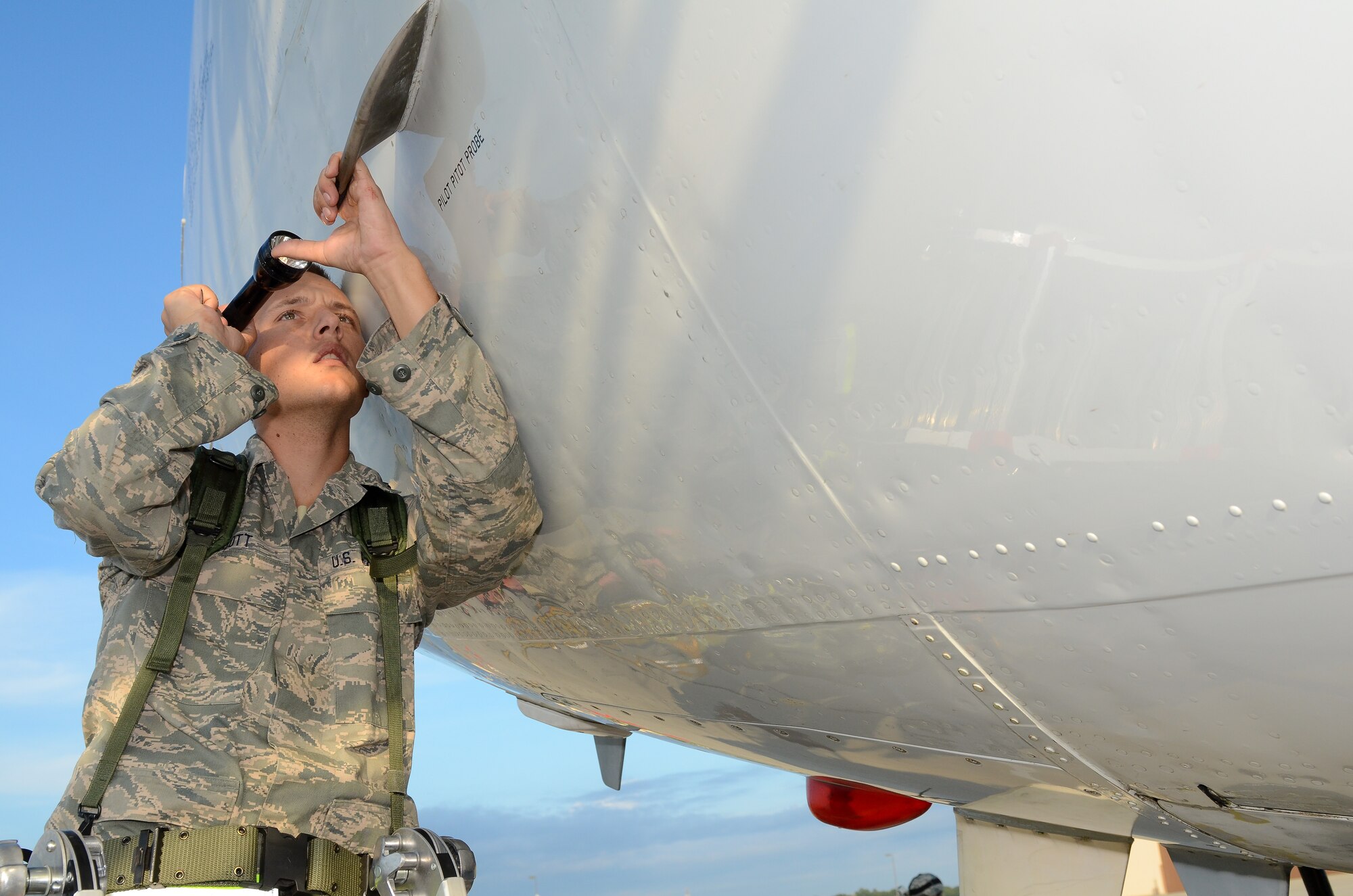 A U.S. Air Force navigator on an E-8C Joint STARS reviews a flight plan prior to a sortie during an operational readiness inspection at Robins Air Force Base, Ga., Sept. 8, 2012.  Airmen from the 116th and 461st ACW are showcasing their ability to perform assigned tasks in wartime, contingency or force sustainment operation. Inspection areas include initial response, employment, mission support and ability-to-survive and operate in a chemical environment. (National Guard photo by Master Sgt. Roger Parsons/Released)