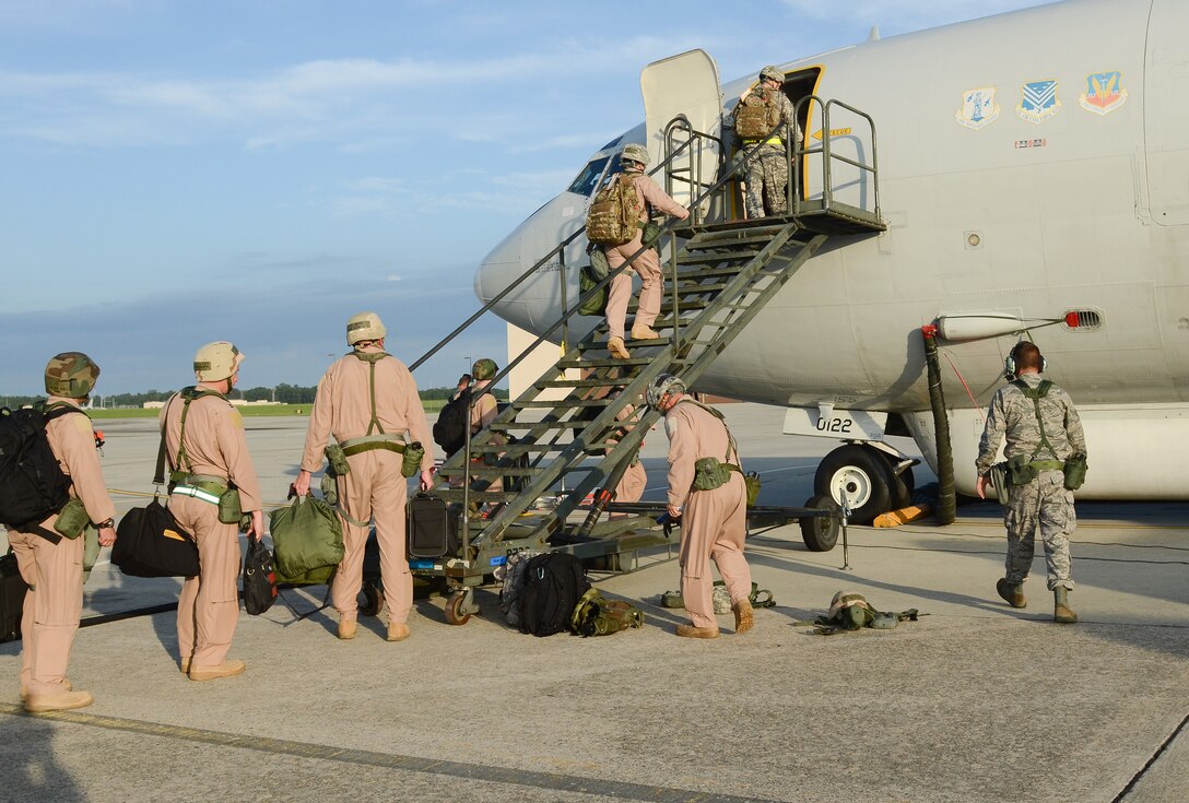 U.S. Air Force E-8C Joint STARS aircrew member’s board an aircraft in preparation for a sortie during an operational readiness inspection at Robins Air Force Base, Ga., Sept. 7, 2012.  Airmen from the 116th and 461st ACW are showcasing their ability to perform assigned tasks in wartime, contingency or force sustainment operation. Inspection areas include initial response, employment, mission support and ability-to-survive and operate in a chemical environment. (National Guard photo by Master Sgt. Roger Parsons/Released)